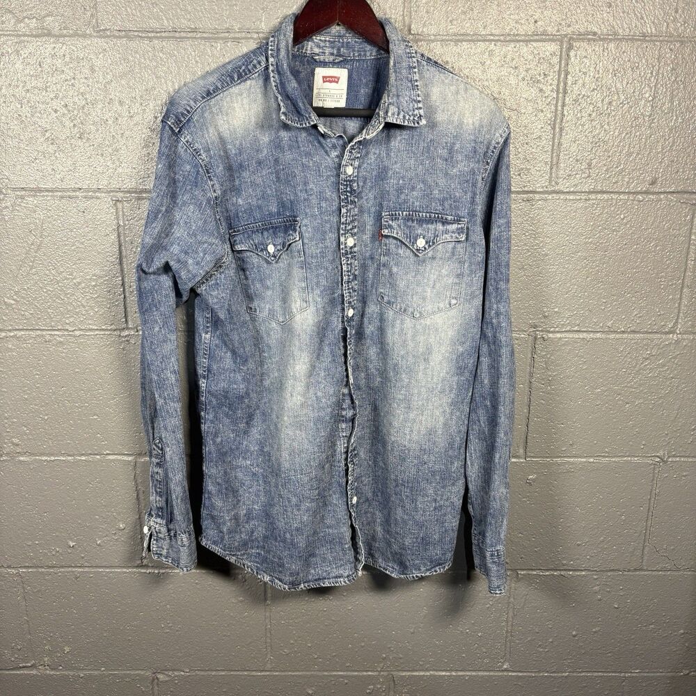 Levi's Strauss & Co Denim Shirt Mens L Blue Faded Western Pearl Snap Workwear